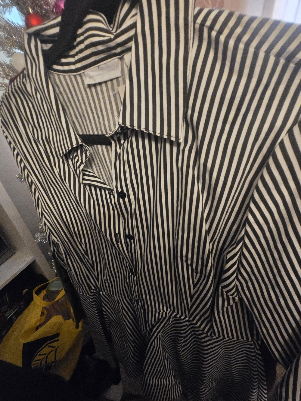 New York & Company Black and White Vertical Stripe Button-Down Shirt